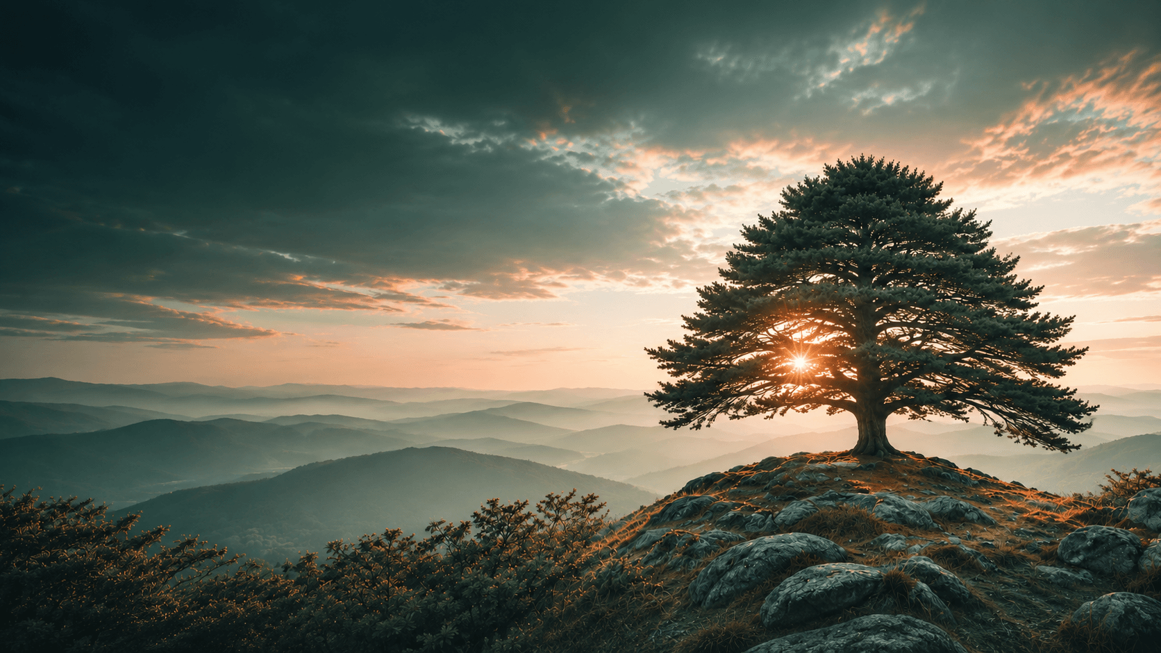 A mature yew tree on a mountain ridge, backlit by golden light over distant hills